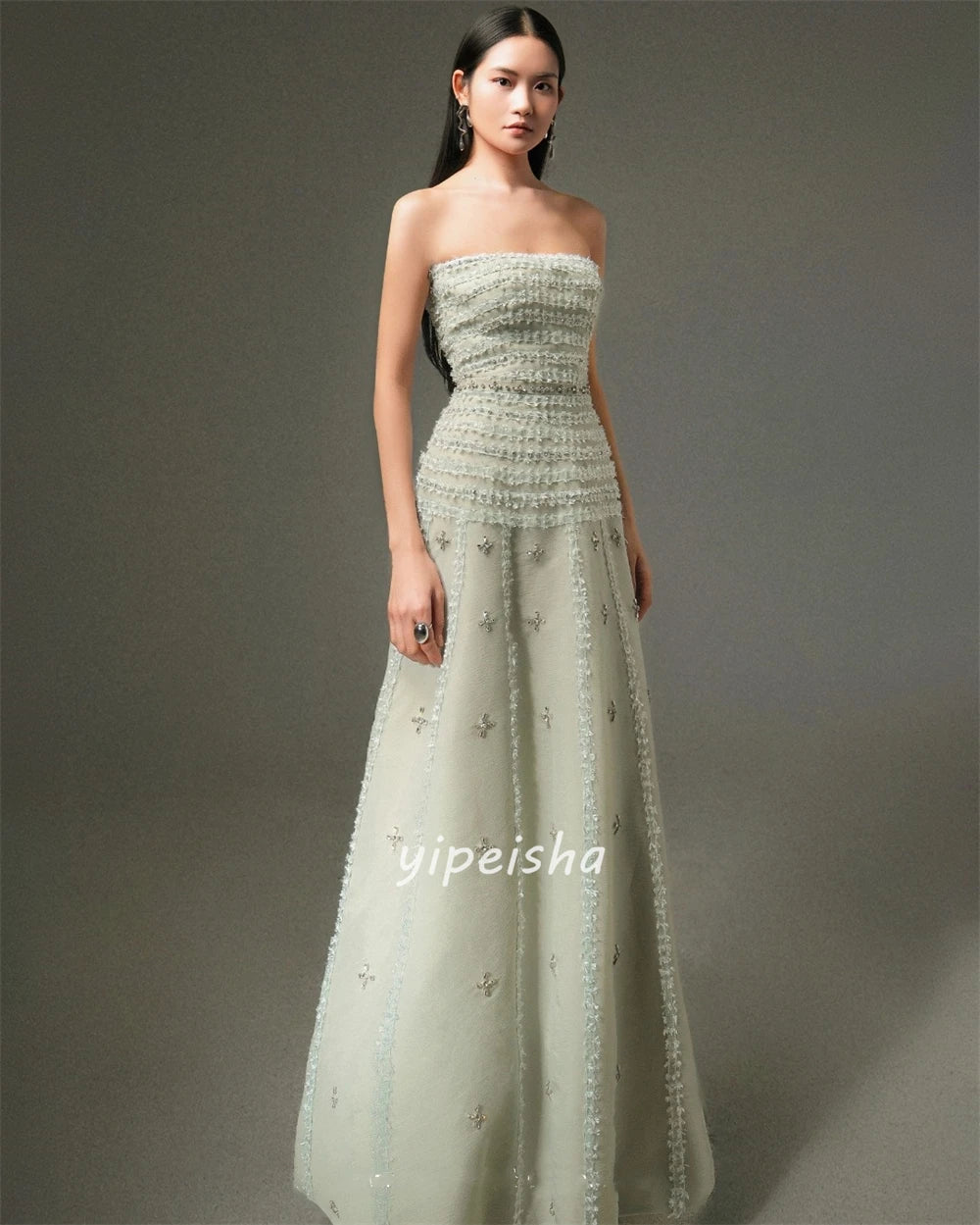 Rhinestone Ruched Jersey Evening Gown | Modern Strapless A-Line Prom Dress | Sequined Floor-Length Custom Special Occasion Dress Luxegan