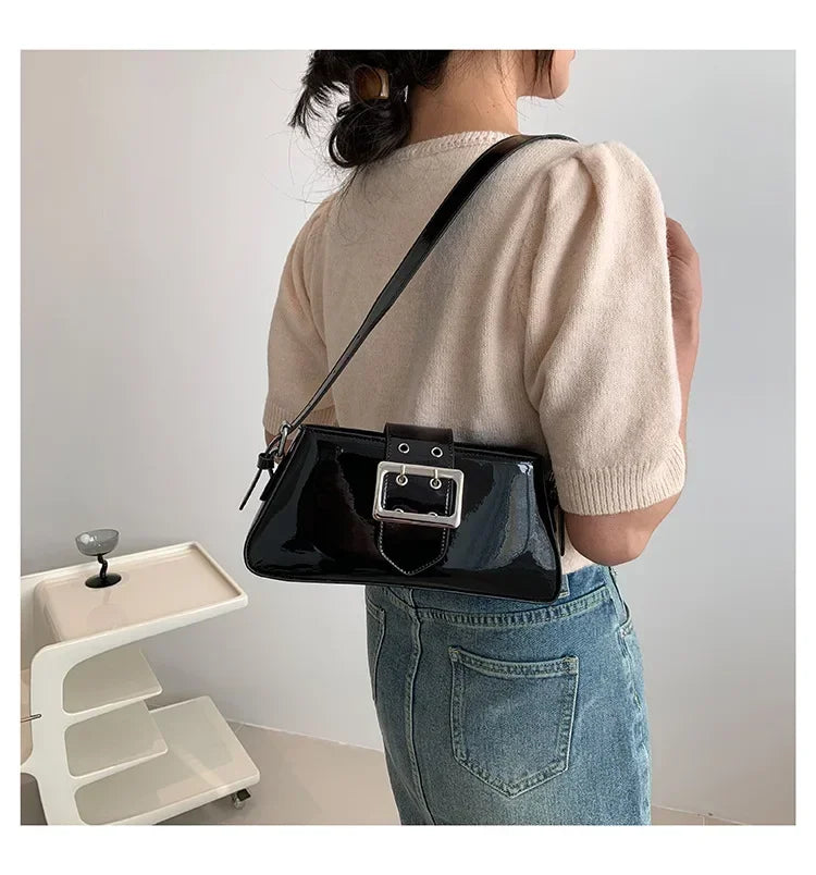 New Luxury Design Women's Glossy PU Leather Armpit Bag | Fashion Party Handbag (Patent Leather Silver Shoulder & Crossbody Bag) Luxegan