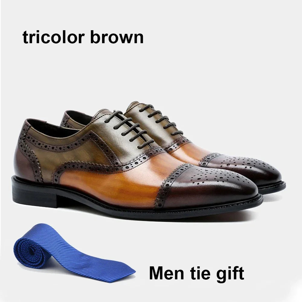 Color Block Genuine Leather Oxford Shoes | Sophisticated Tricolor Cap Toe Brogues | Elegant "Full Grain Cowhide" Silhouette | "Dignified" Gentleman’s Dress Shoes for Radiant Versatile Business & Party Styling Luxegan