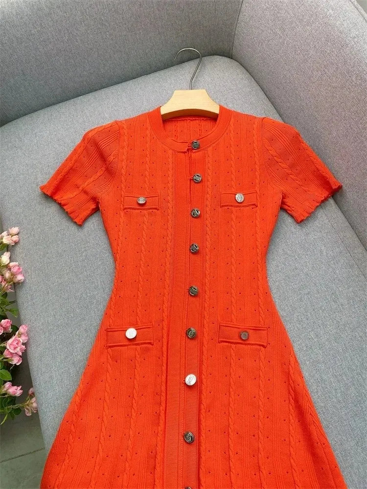 French Style Knitted Long Dress round Neck Hollow out Wooden Edge Skirt Elegant Autumn Luxury Women's Fashion One Piece Dress