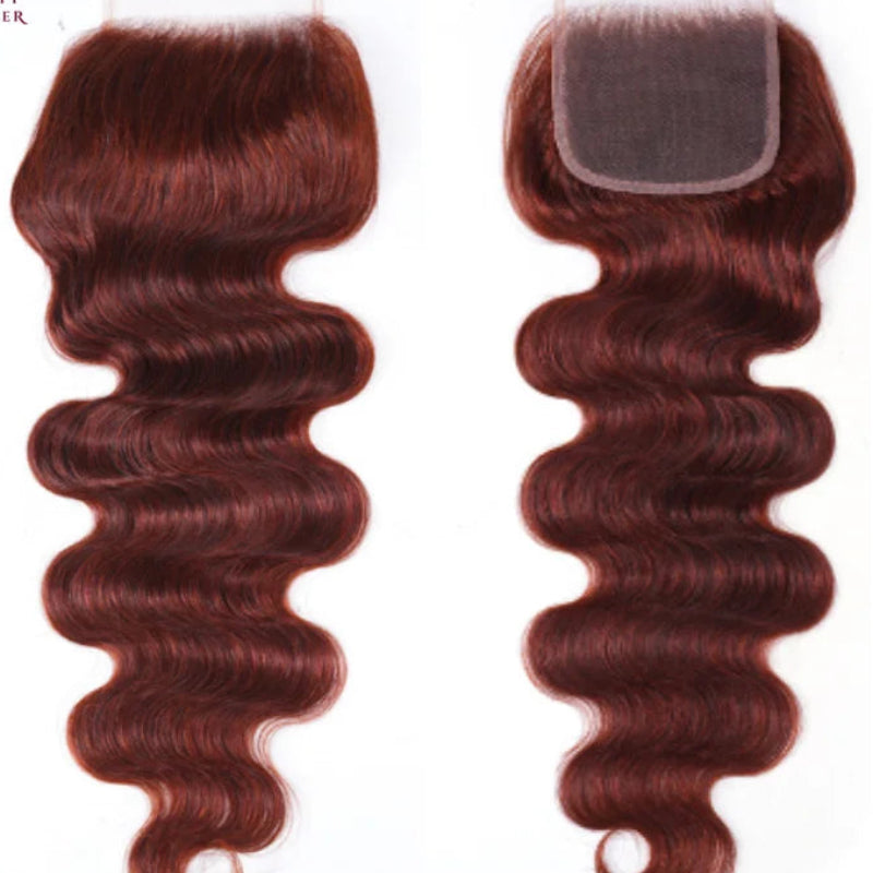 Grade 12A Reddish Brown Human Hair Bundles with Closure | Premium Brazilian Body Wave 3 Bundles with 4x4 Lace Closure | Luxury Colored Remy Human Hair Extensions | Safe to Perm Standard 4-Piece Complete Hair Matrix Luxegan