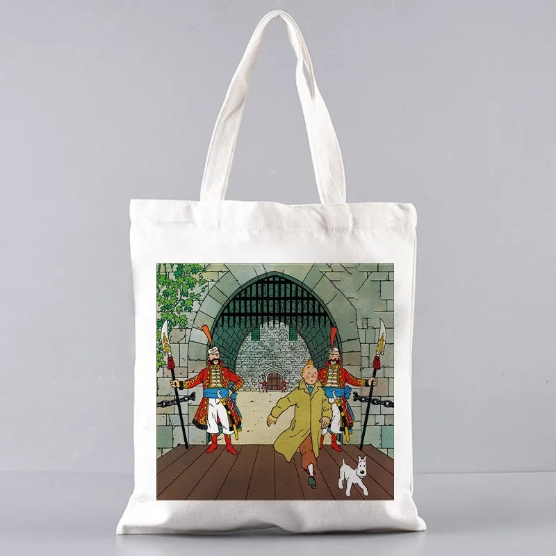 Soft Tintin Cartoon Canvas Large Capacity Tote | Open-Top Shopping Bag Luxegan