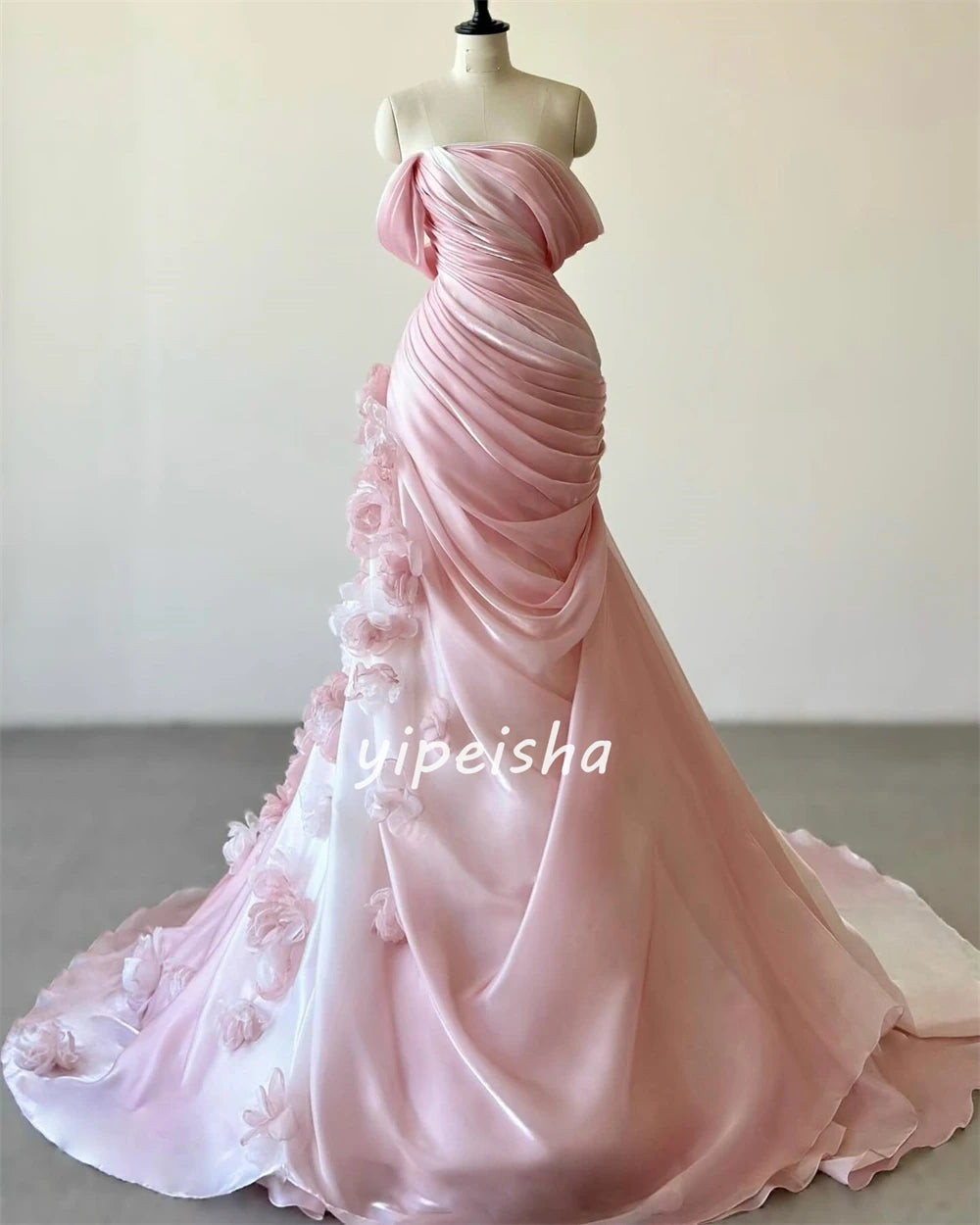 Customized Satin Flower Ruched A-line Off-the-shoulder Long Dresses Celebrity Dresses Unisex Chinese Style Formal Casual Simple