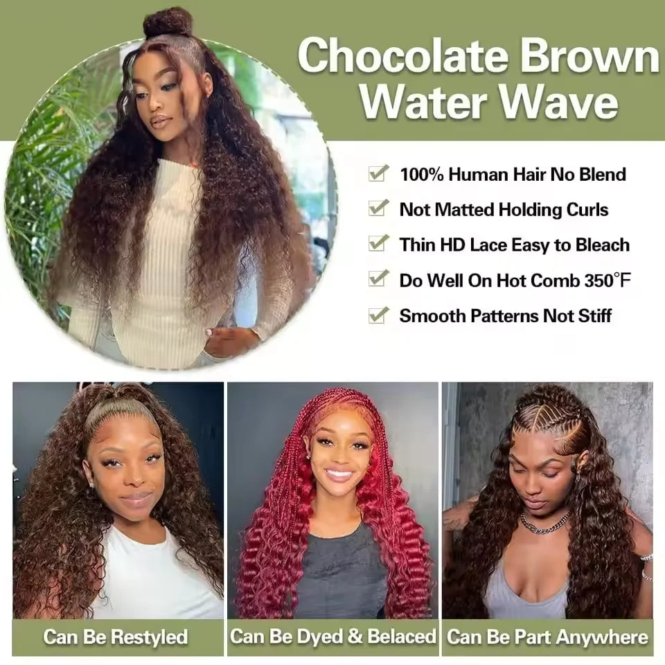 34-Inch Chocolate Brown Deep Wave Wig | Sophisticated 250 Density 13x4 HD Transparent Lace | Elegant "Brazilian Remy" High-Volume Silhouette | "Dignified" Glueless Deep Curly Human Hair for Radiant Versatile Styling Luxegan