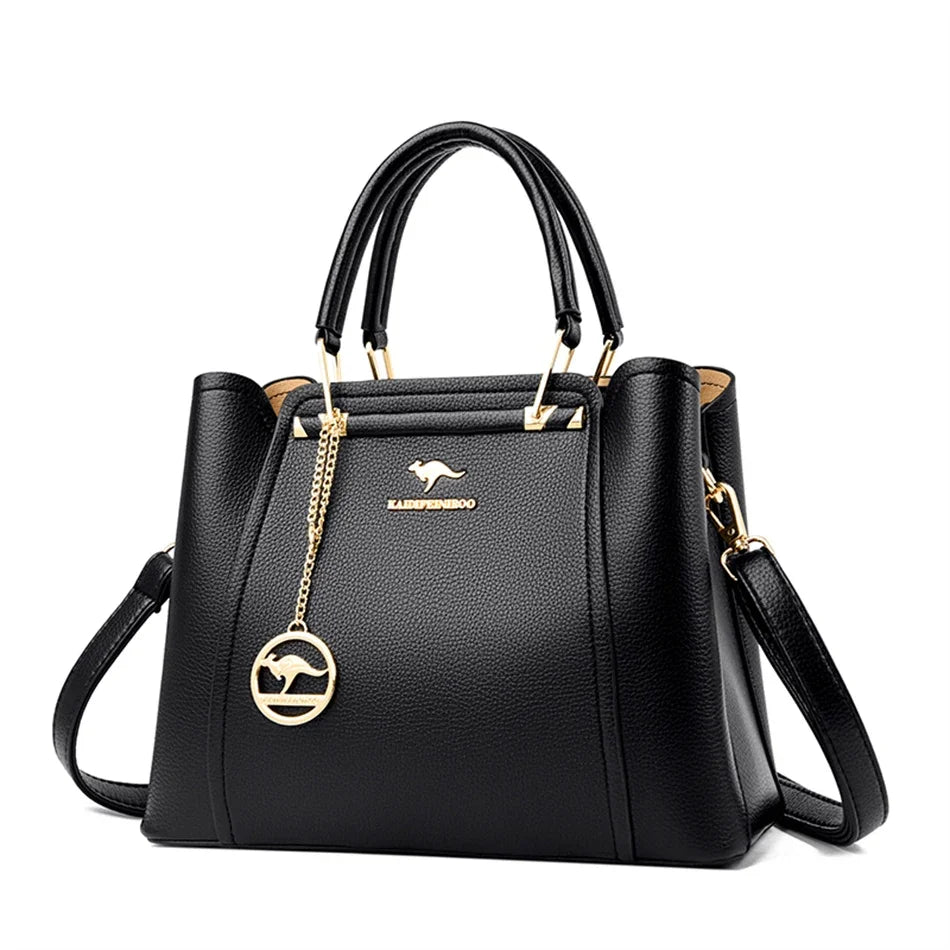 Luxury Women’s Designer 3-Layer Shoulder Bag | Large Capacity Microfiber Leather Crossbody | Sophisticated Shopper Tote with Kangaroo Logo & Pendant | Fashion-Forward Multi-Compartment Messenger Luxegan