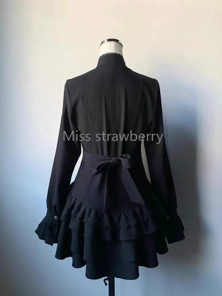 Women's Spring Vintage Gothic Lace-Up Dress | High Street Black Lolita Slim Fit Mini Dress | Y2k Lace Full Sleeve Ball Gown Clothing | Premium Tatting Half High Collar Dress Model 2503273Y Luxegan