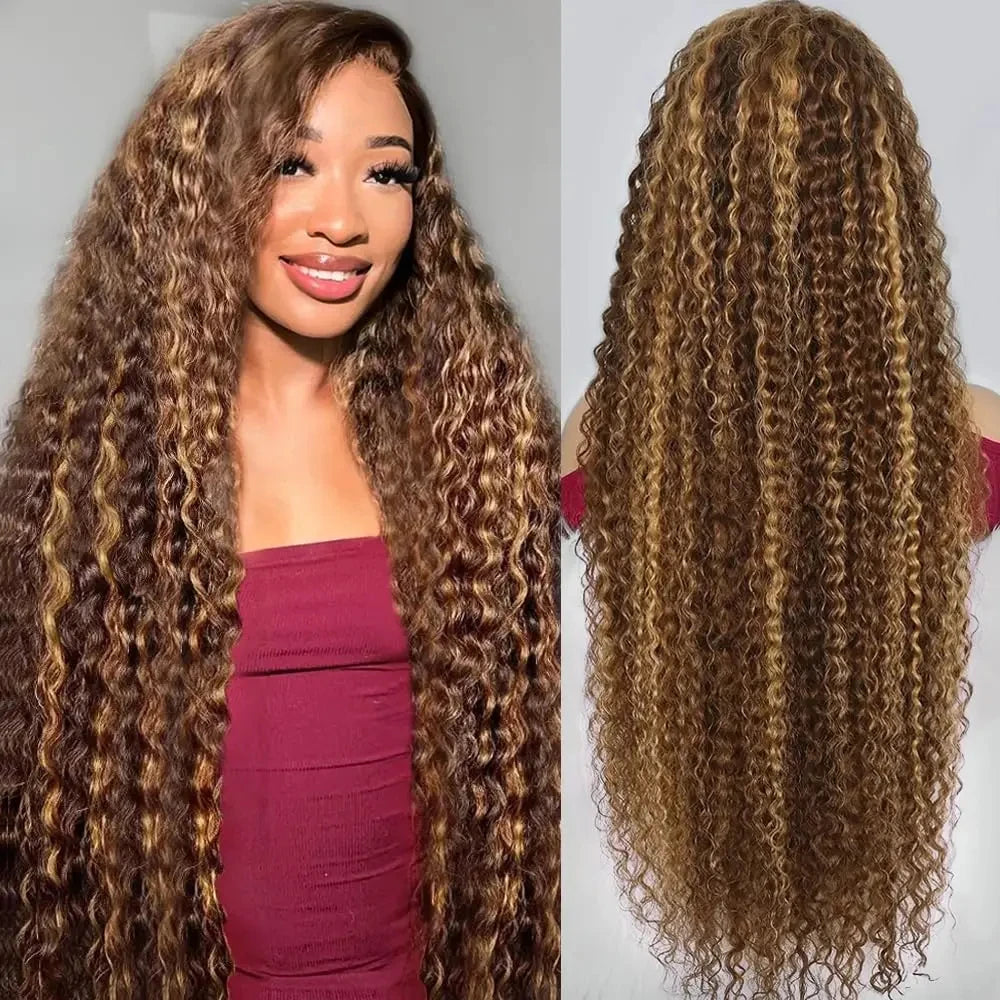 250% Density Honey Blonde Highlight Deep Wave HD Lace Wig | Sophisticated 13x6 & 13x4 Transparent Frontal | Elegant "100% Brazilian Remy" Silhouette | "Dignified" Pre-Plucked Ombre Colored Human Hair for Radiant Versatile Styling Luxegan