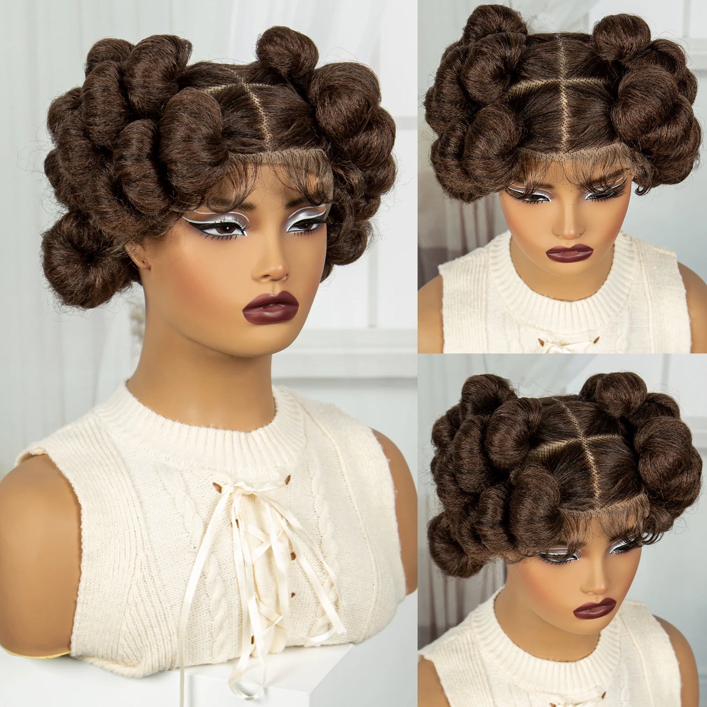 6" Short Cute Burgundy Bantu Knotless Braids Wig | Transparent Full Lace Luxegan
