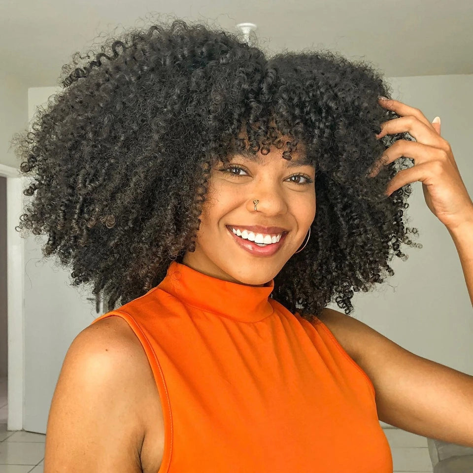 Blonde Afro Kinky Curly Human Hair Bob Wig with Bangs - Full Machine-Made Glueless Short Bob Wig - 100% Brazilian Remy Human Hair Honey Ombre Blonde Fringe Wig for Women Luxegan
