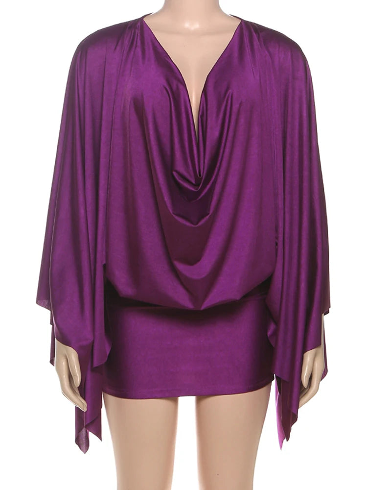 Sexy Midnight Club Party Mini Dress | Fashion Autumn Swing Collar Bodycon Gown | Full Sleeve Batwing Sleeve Skinny Dress | Premium Peach Hip Slim Fit Asymmetrical Vestido Model K25D80389-PE-L Luxegan