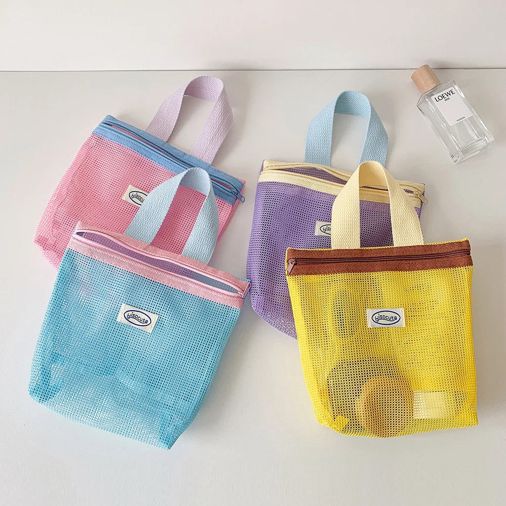 Vibrant Bright Color Summer Mesh Tote | Small Hollow-Out Cosmetic & Toiletry Bag | Foldable Portable Mesh Handbag for Beach & Travel (Model SHB01) Luxegan