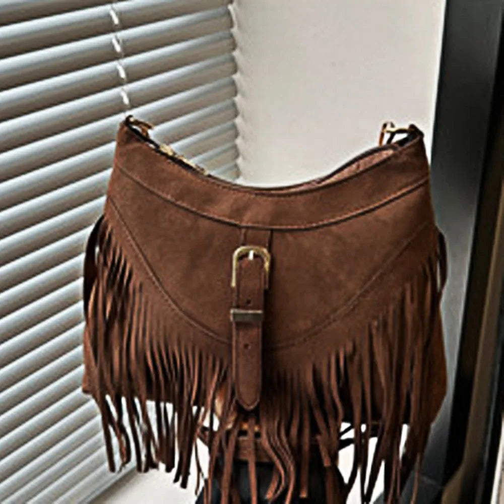 Casual Korean Tassel Shoulder Bag | Solid Color Suede & PU Leather Underarm Pack | Ethnic Bohemian Style Travel Handbag (Women) Luxegan