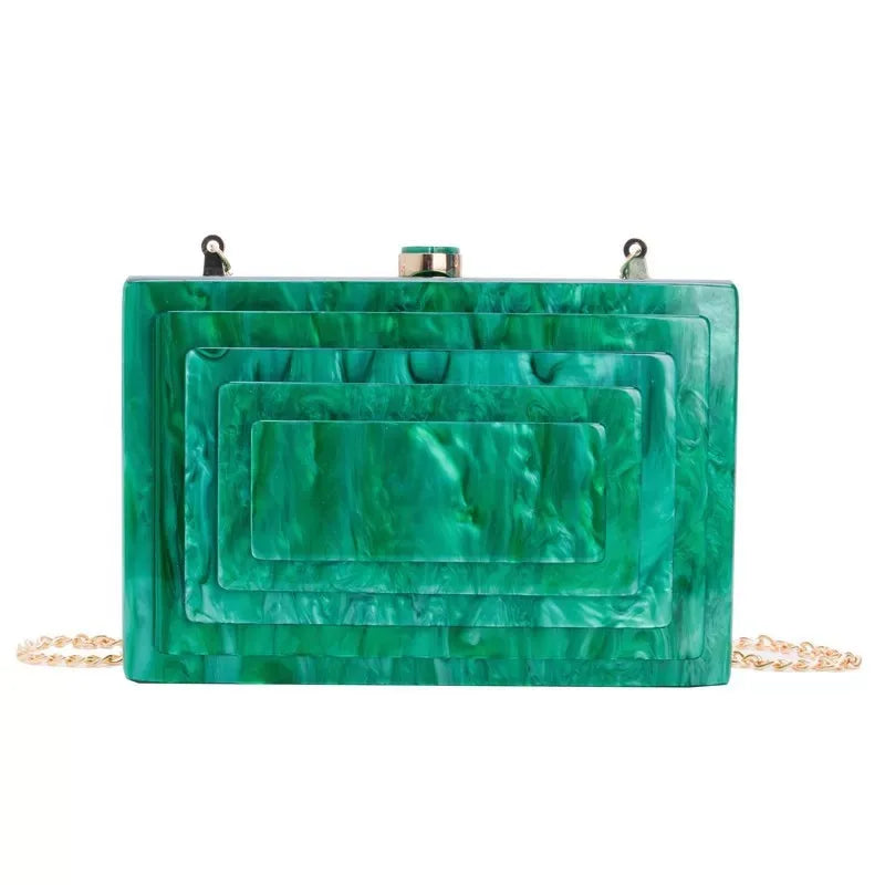 Acrylic Shell Minaudiere | Hard Marble Green Pearl Bridal Handbag Luxegan
