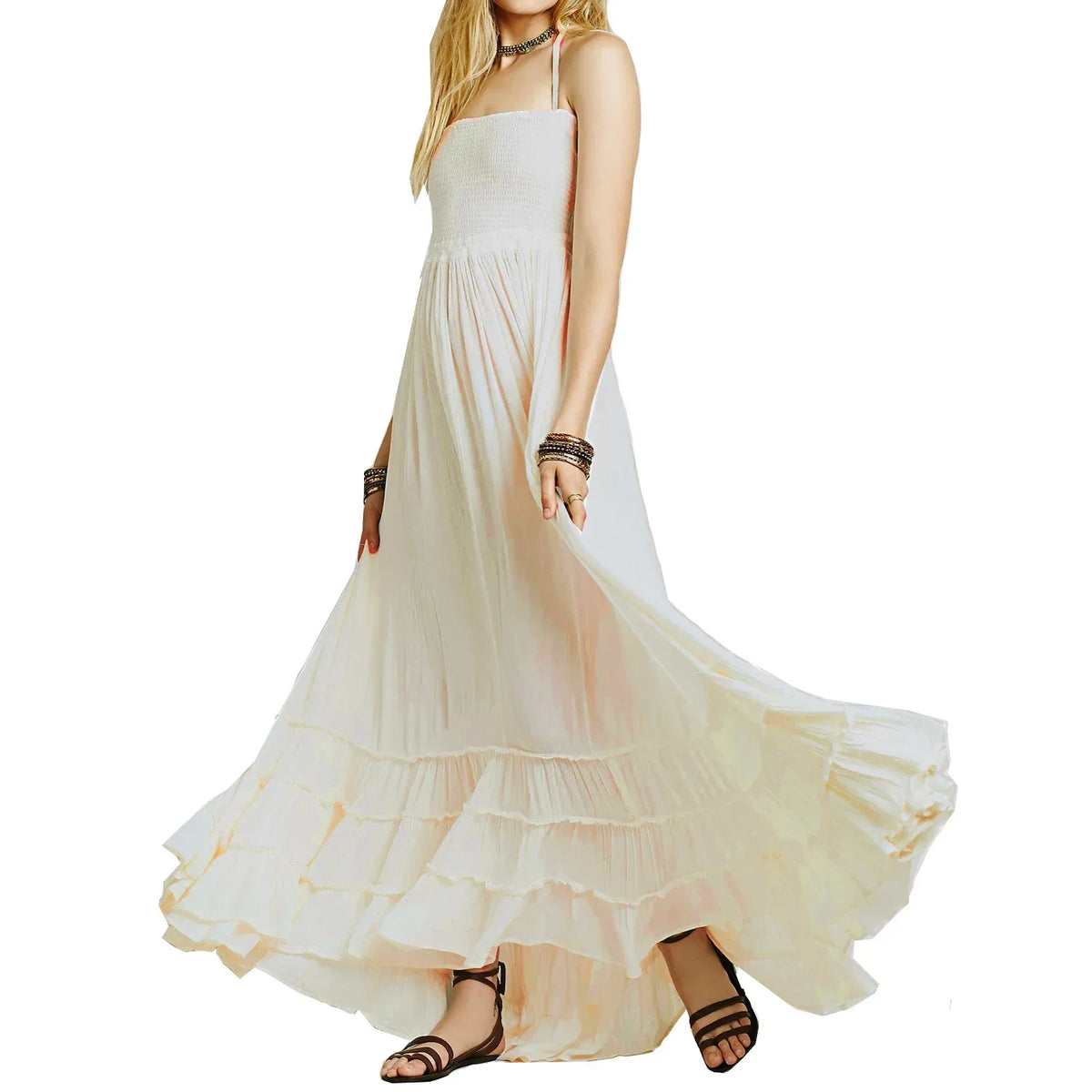 Solid Spaghetti Strap Draped Tie-Waist Regular Fit A-Line Ankle-Length Rayon Dress – Empire Waist, Bohemian, Summer Luxegan