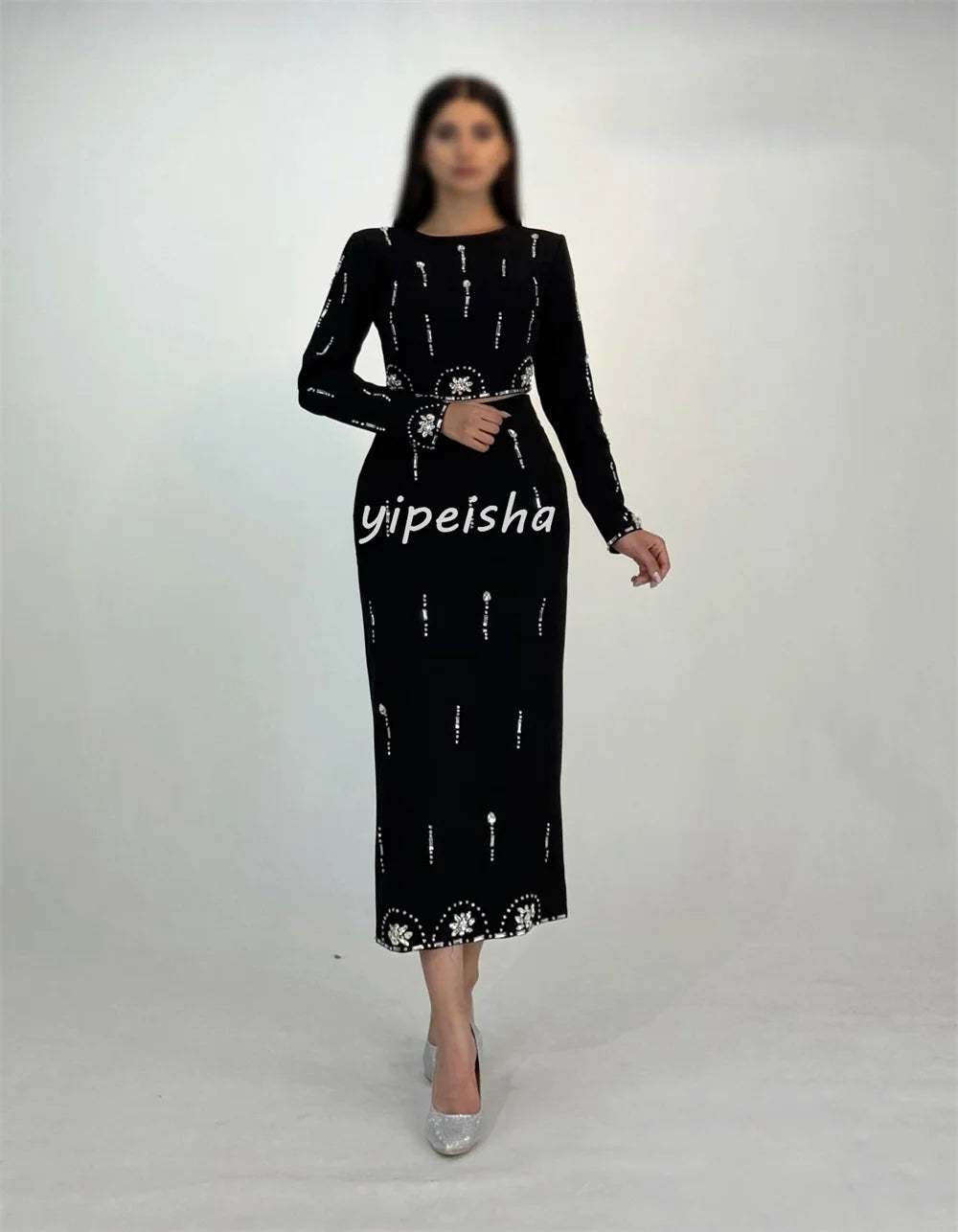 Floral Sequined O-Neck Full-Length Sleeve Straight Ankle-Length Formal Evening Dress – Polyester Jersey, Built-In Bra, Natural Waist Luxegan