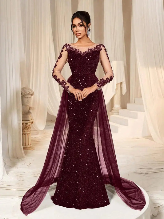 Burgundy Mermaid Evening Gown | Sophisticated "Floral Applique" Silhouette | Sheer Long Sleeves & Sequin Embellished Mesh Train | "Dignified" High-Performance BD2024 Formal Essential for Radiant Versatile Styling Luxegan