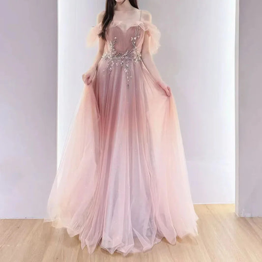 Floral Sequined A-Line Evening Gown | Spaghetti Strap Sleeveless Floor-Length Prom Dress Luxegan