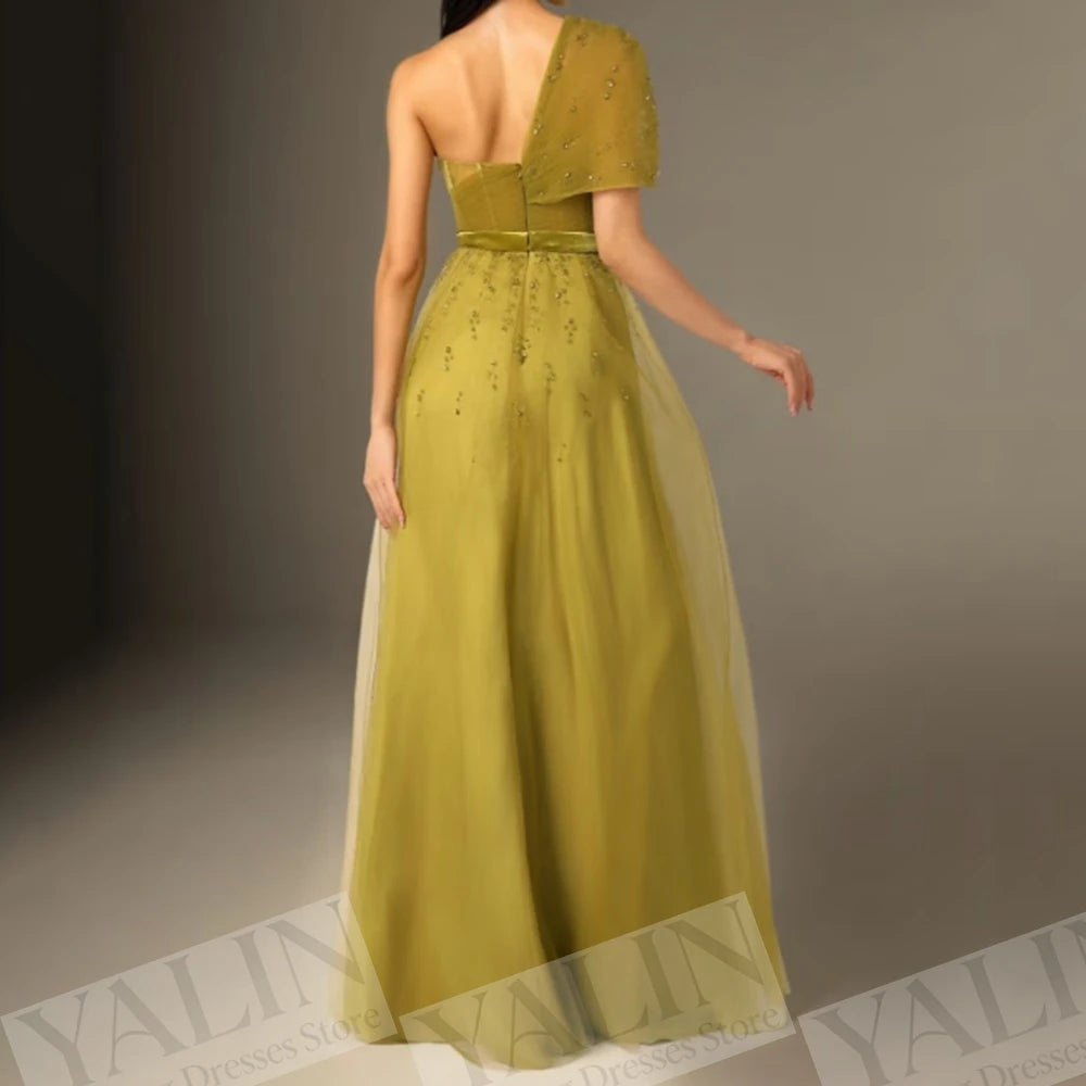 Sequined Sashes A-Line Prom Gown | One-Shoulder Floor-Length Evening Dress Luxegan