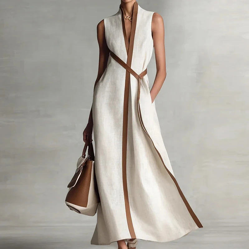 V-Neck Sleeveless Patchwork A-Line Loose Ankle-Length Maxi Dress | Elegant Chic Holiday Party Dress Luxegan
