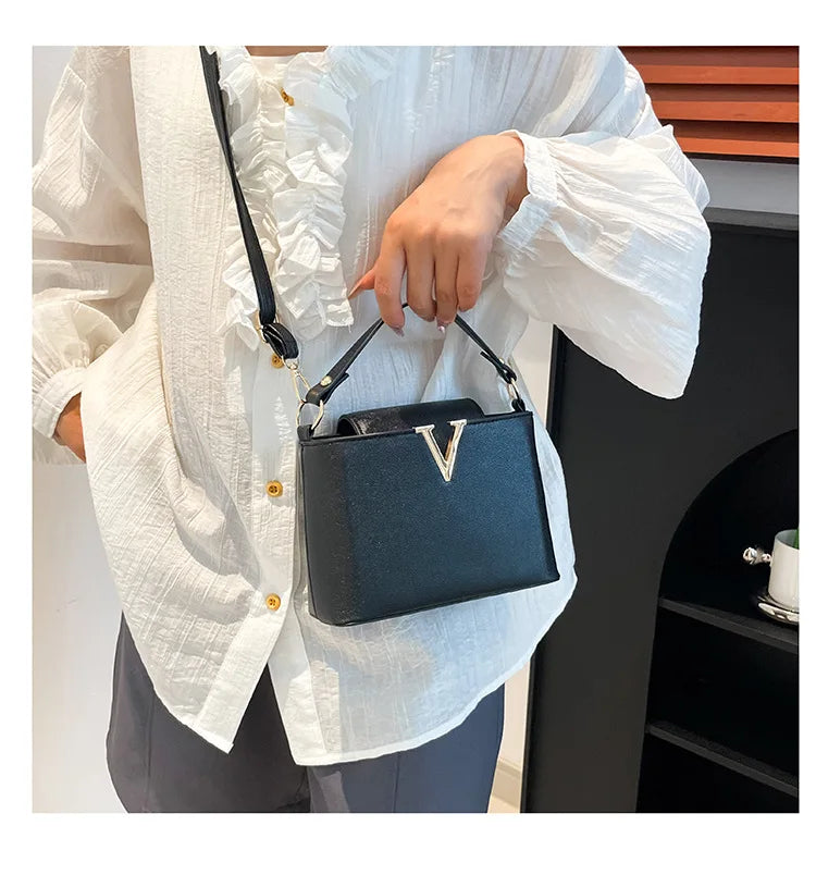 Luxury V-Shaped Women's Tote Bag | Chic PU Leather Bucket Handbag | Stylish Sequined Shoulder & Crossbody Bag | Fashionable Top Cover Purse with Interior Compartments Luxegan
