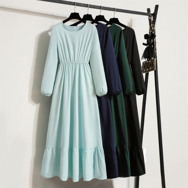 Women's Solid Chiffon Muslim Maxi Dress | Long-Sleeve Casual Loose Fit A-Line Dress | Full-Sleeve O-Neck Spring Autumn Ankle-Length Robe Luxegan