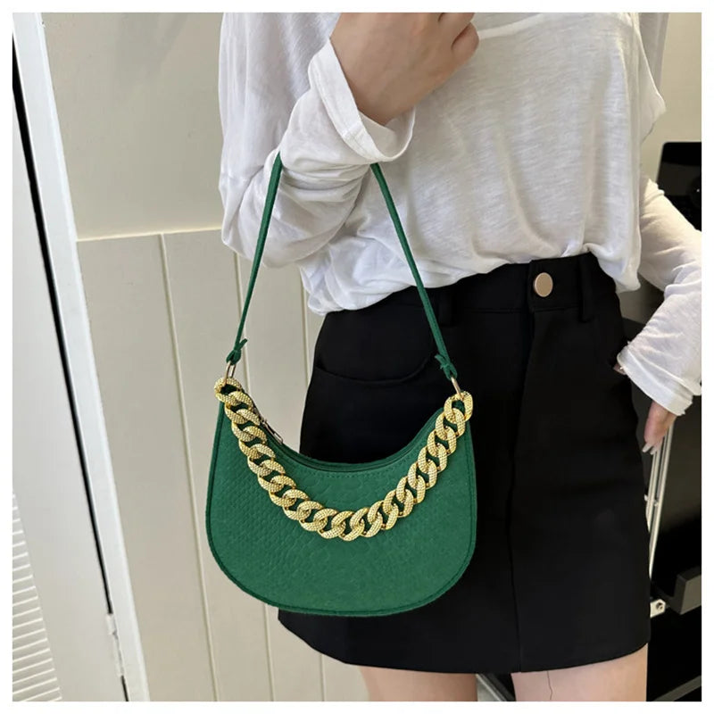 Fashion Women's Felt Handbag | Imitation Metal Chain Underarm Bag (Retro Ladies Solid Color Shoulder Bag, Trendy Casual Clutch Purse) Luxegan