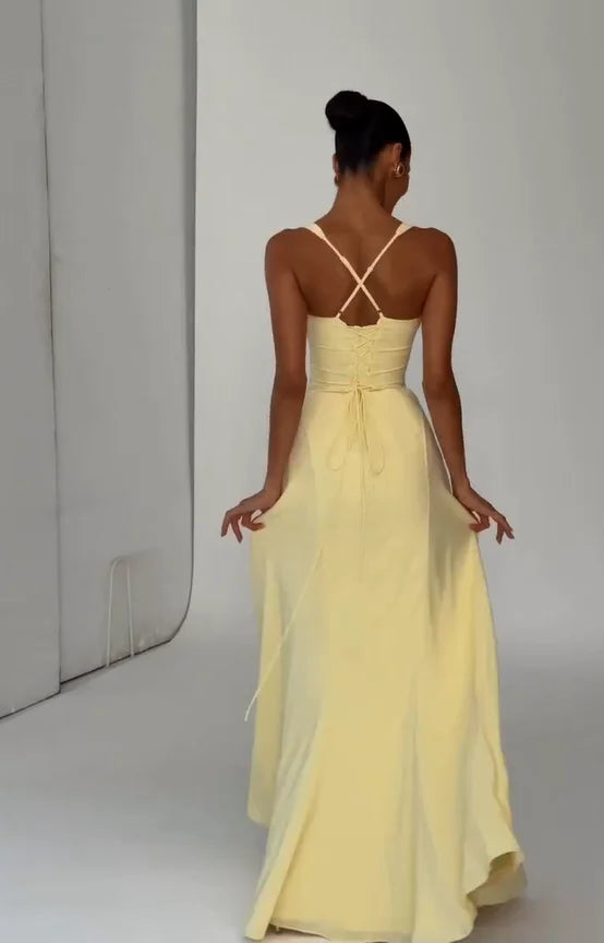 Women's Elegant Yellow Low-Cut Backless Maxi Dress | High-Waisted Lace-Up Waist Cincher Party Gown | Short Puff Sleeve Hollow-Out Club Dress | Premium Tatting Slight Stretch Mid-Calf Fit and Flare Luxegan