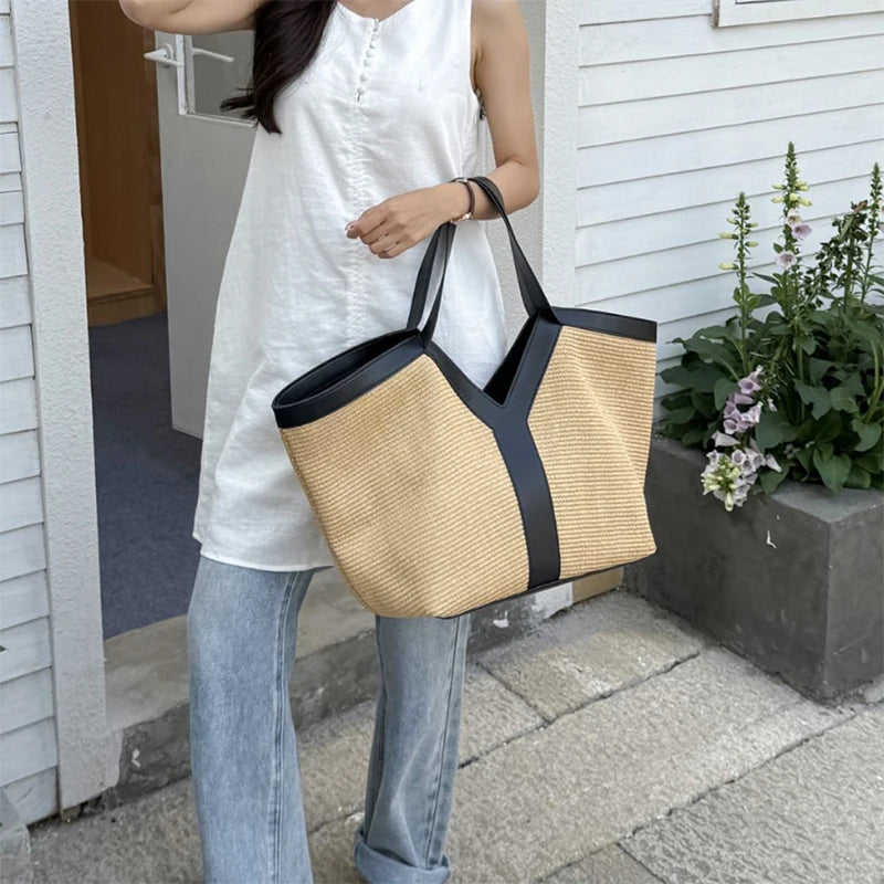 Y-shaped Design Shoulder Bag 2025 | Brand Seaside Beach Vacation Travel Hollow Straw Large Capacity Tote Bag (Casual Light Handbag) Luxegan
