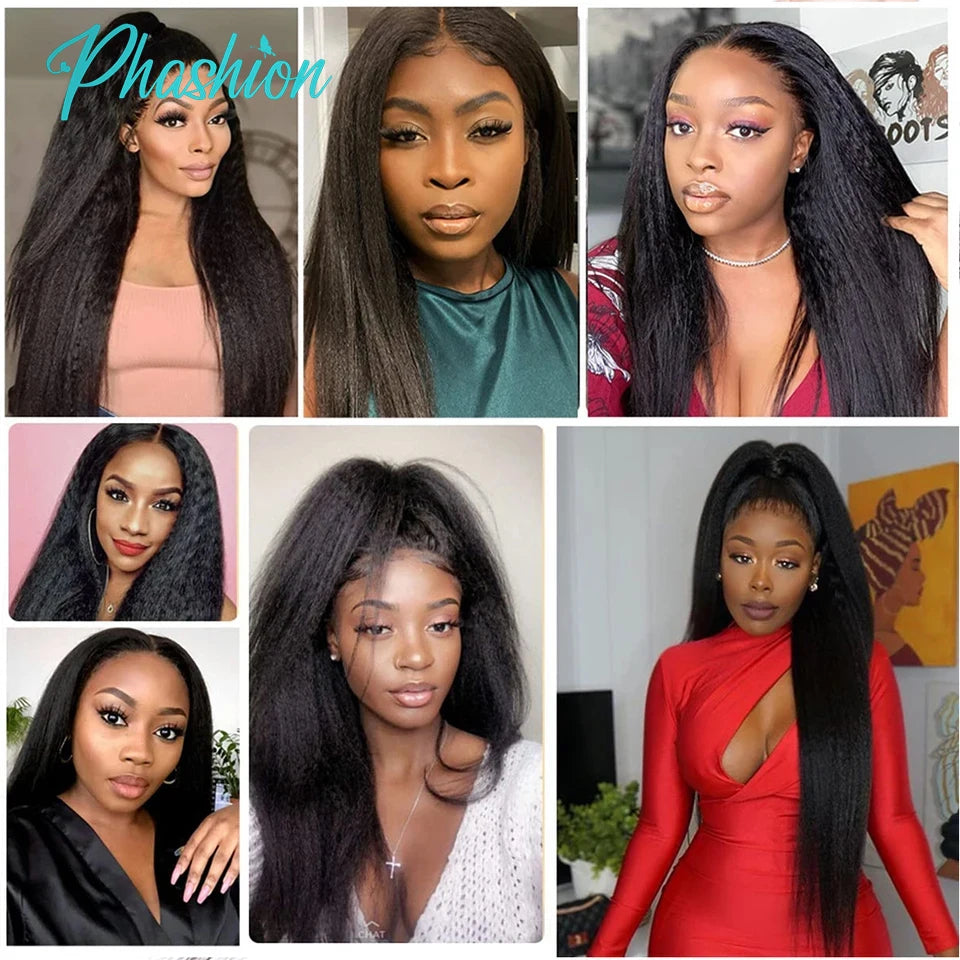 Phashion 13x4 Kinky Straight Lace Frontal Pre Plucked With Baby Hair HD Transparent Yaki 4x4 Closure Remy Human Hair For Women