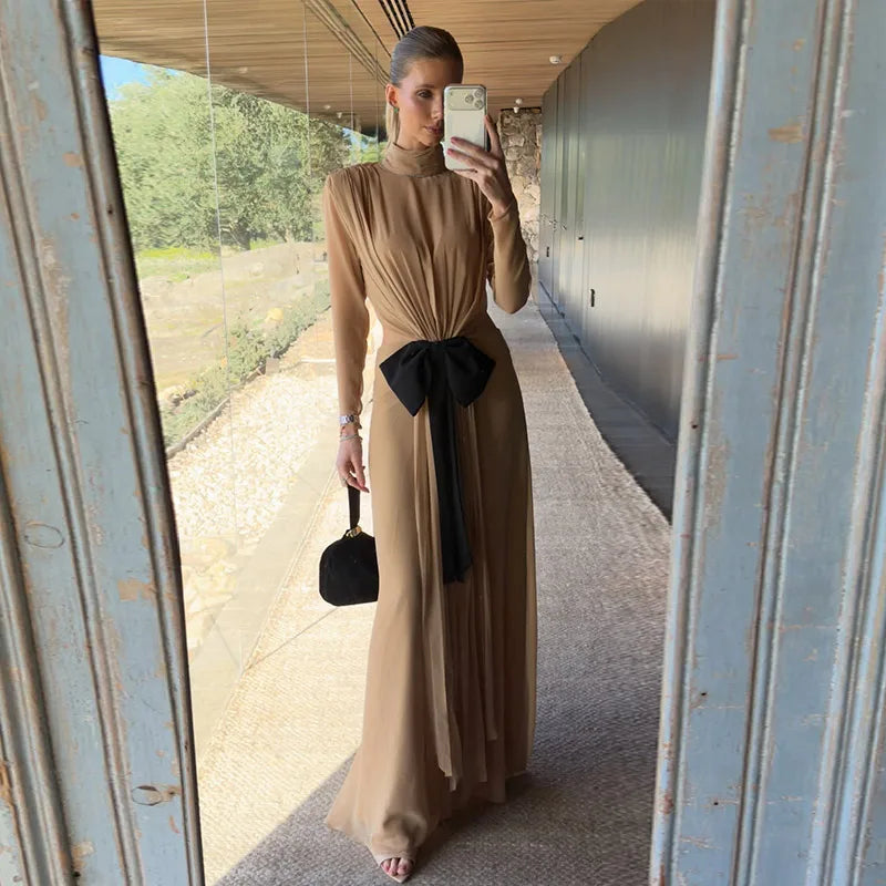Elegant High-Neck Cutout Maxi Dress | Sheer Chiffon Long-Sleeve Evening Gown | Bow-Accented Floor-Length Summer Formal Party Dress Luxegan