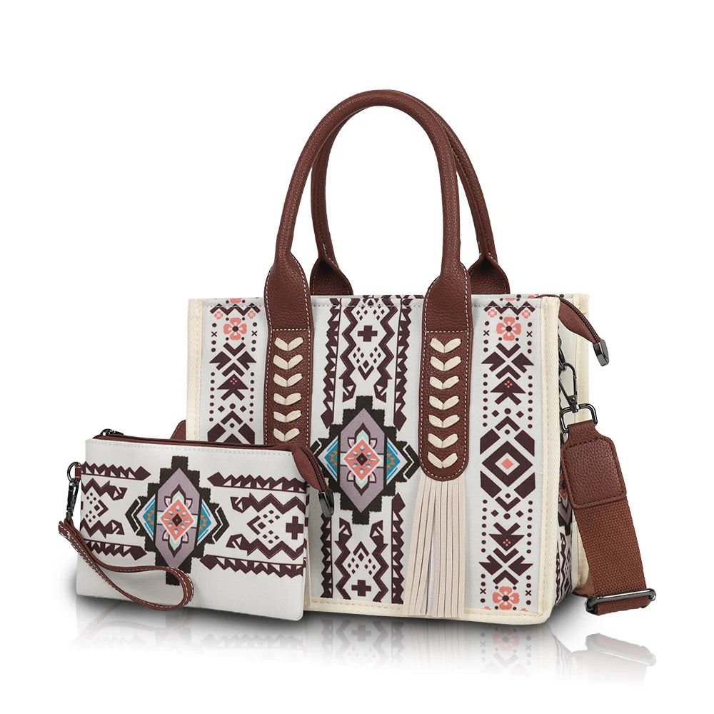 Ethnic Print Hand-Held Crossbody Bag Set | Sophisticated Tassel Decoration Shoulder Bag | Elegant Women’s Commuting Square Handbag | Luxury Polyester Multi-Piece Set with Matching Coin Purse Luxegan
