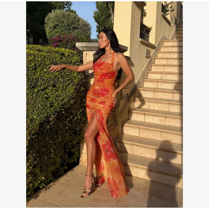 Flutter Sleeves Slim Long Dress Women Casual Pleated Deep V-neck Floral Print High Waist Dresses 2026 Lady Summer Holiday Wear