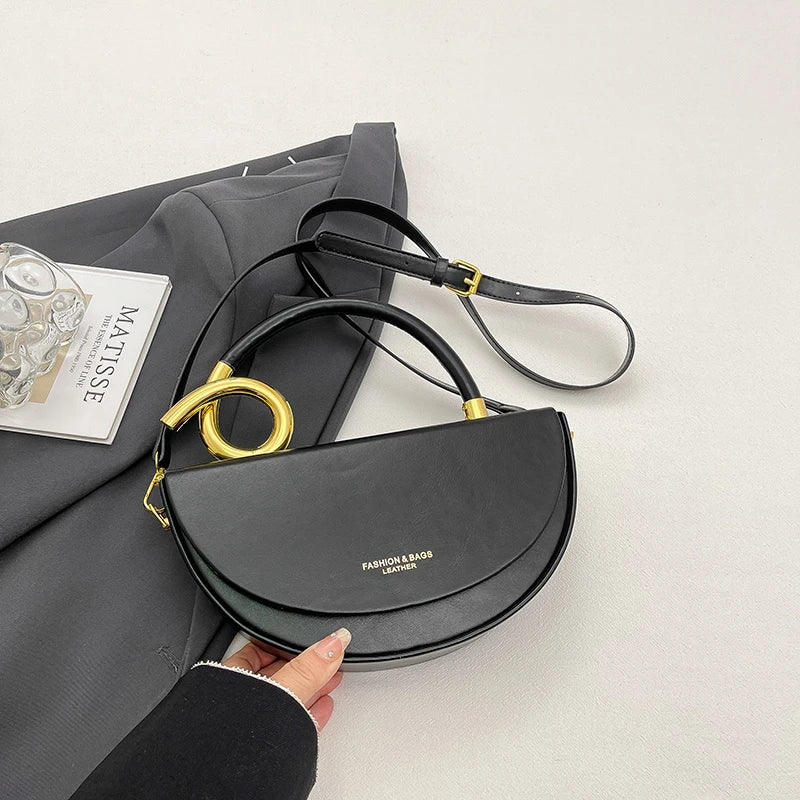 Designer Semicircle Saddle Crossbody | Small Hard PU Leather Handbag Luxegan