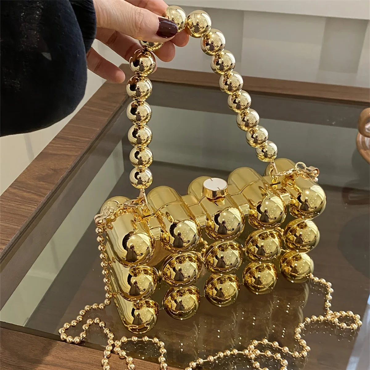 Luxury Designer Golden Crossbody Bag | Sophisticated New Evening Clutch Handbag | Elegant Fashion Acrylic Square Bag | Luxury "Dignified" Structured Small Flap Purse with Beading & Chains Luxegan