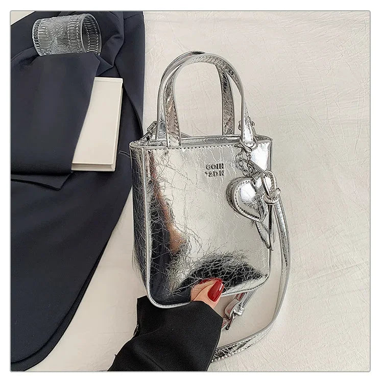 New Trend Korean Silver PU Leather Shoulder Bag | High Quality Mini Vertical Square Crossbody Purse for Women Luxegan