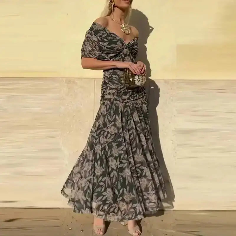 Women's Elegant Floral Print Pleat Party Dress | Bat Sleeve Swing Cocktail A-Line Dress | Korean Style Stand Neck Above-Knee Mini Gown | All-Season Loose Fit Straight Silhouette Model HPSW Luxegan