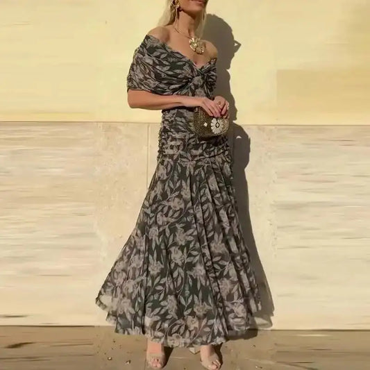 Women's Elegant Floral Print Pleat Party Dress | Bat Sleeve Swing Cocktail A-Line Dress | Korean Style Stand Neck Above-Knee Mini Gown | All-Season Loose Fit Straight Silhouette Model HPSW Luxegan