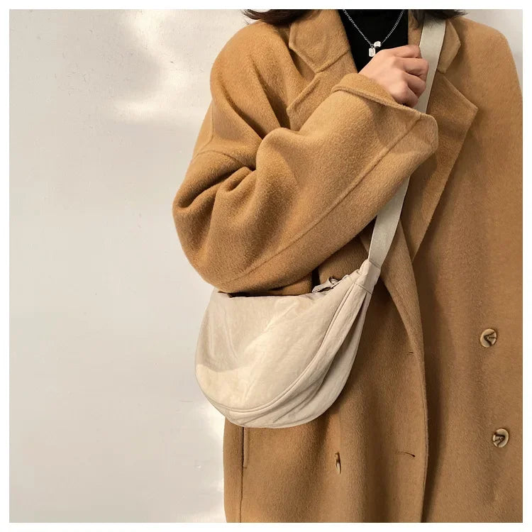 Simple Solid Color Nylon Padded Crossbody Bag | Portable Female Travel Purse & Shoulder Handbag (Messenger Style) Luxegan