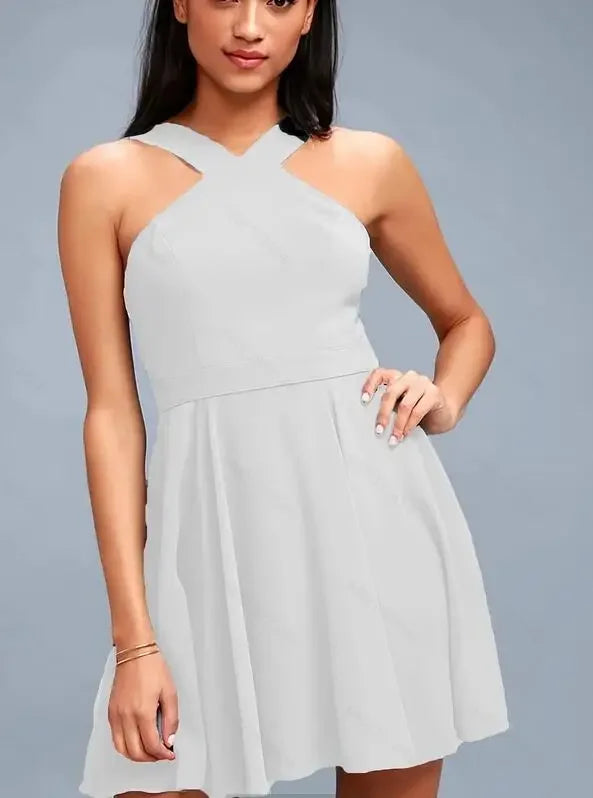 Solid Halter Sleeveless Hollow-Out Loose Fit A-Line Mini Dress – Non-Stretch Chiffon, Empire Waist, Summer Luxegan