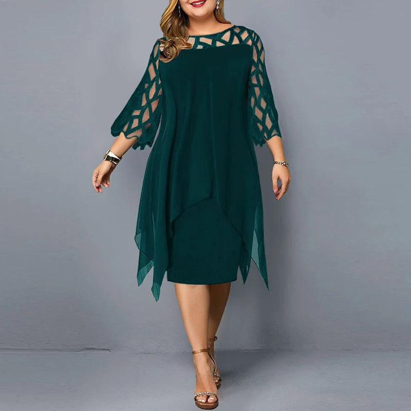 Solid Round Neck Three-Quarter Sleeve Hollow Out Regular Fit Straight Knee-Length Chiffon Dress – Spring/Summer Luxegan