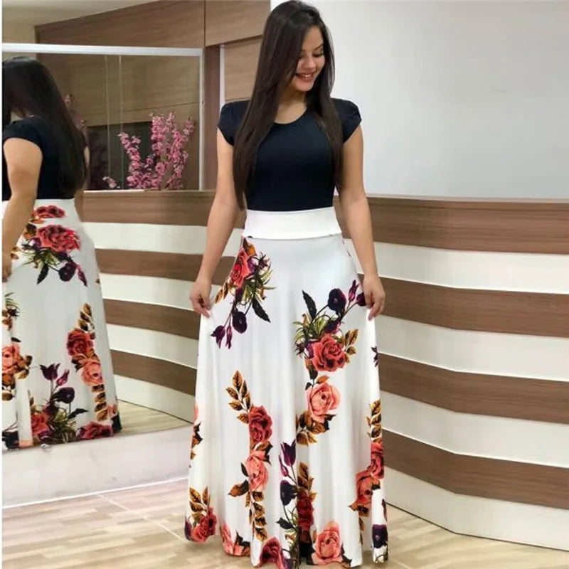 Print Round Neck Regular Fit Straight Ankle-Length Dress – Short & Long Sleeve Options, Spring/Summer