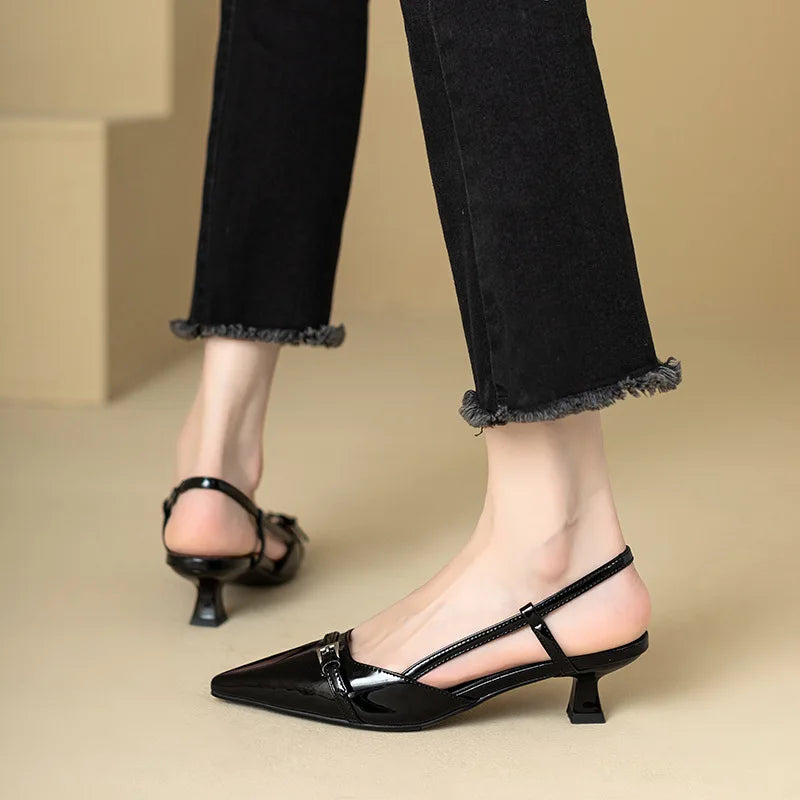 French Wine Red Pointed Sandals | Sophisticated Patent Leather Mid-Heels | Elegant "Summer Retro" Skinny Heel Pumps | "Dignified" Back Empty Mary Janes for Radiant Versatile Styling Luxegan