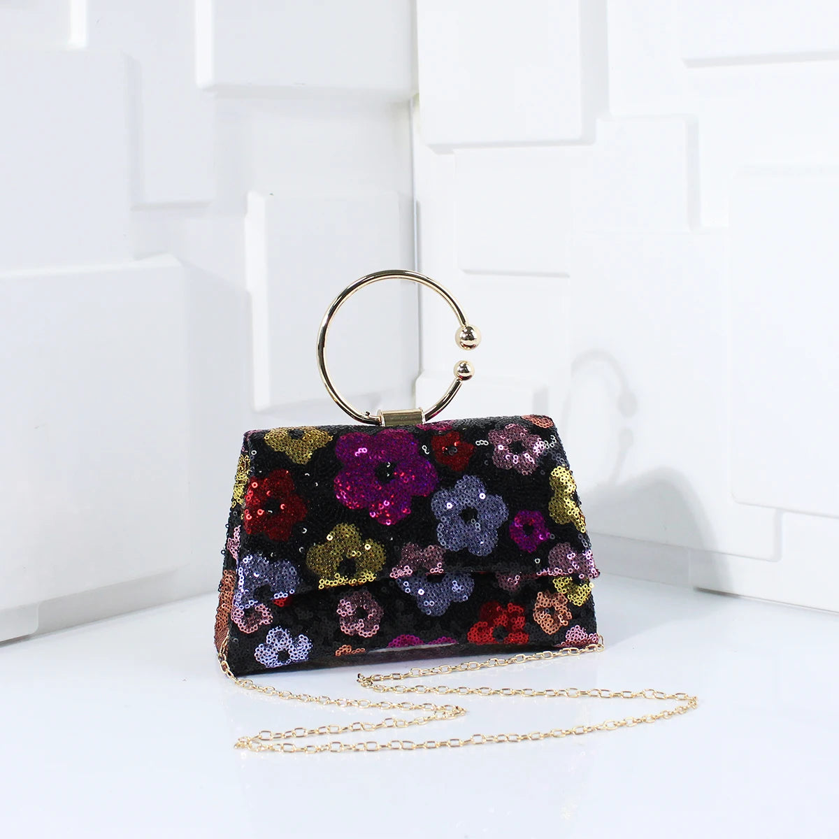 Metal Top Handle Clutch with Sequins & Flowers | Versatile Chain Shoulder Bag for Women Luxegan