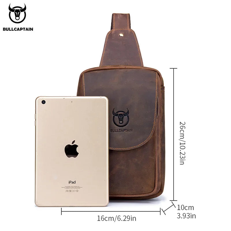 BULLCAPTAIN Bolsos cruzados para hombre de cuero Crazy Horse, bolso de pecho de cuero, bolsos cruzados retro para hombre con bolsillo de cremallera, bolso de viaje corto