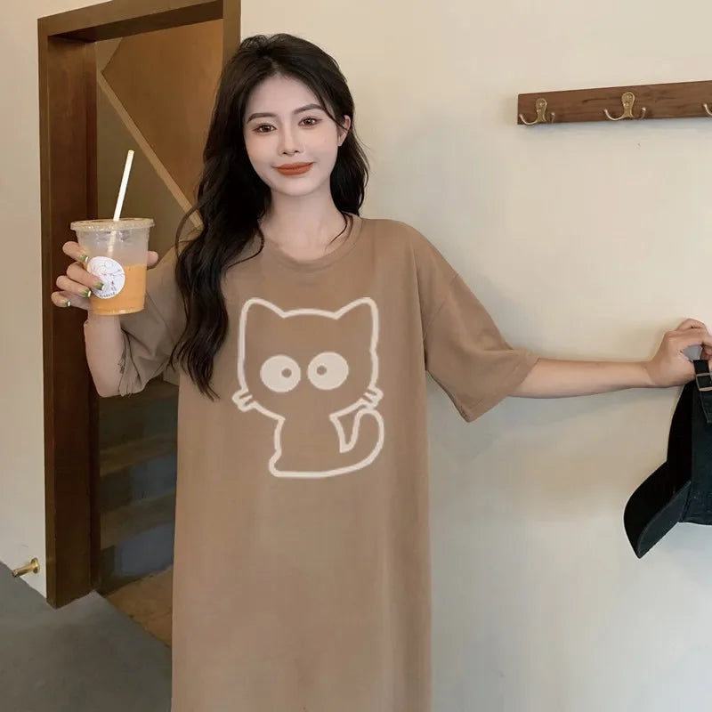Women's New Cartoon Cat Print Dress | Cute Summer Autumn Short Sleeve Loungewear | Casual Loose Fit O-Neck Home Dress | Premium Non-Woven Slight Stretch Knee-Length A-Line Vestido