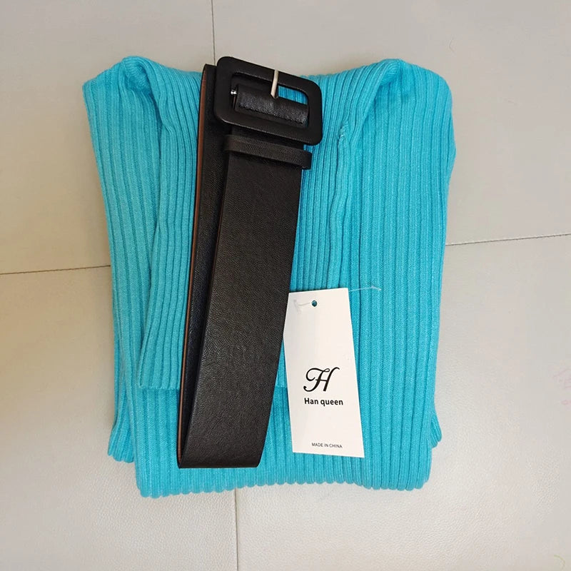 Turtleneck Knit Bodycon Midi Dress with Belt | Long Sleeve Pencil Sweater Dress Luxegan