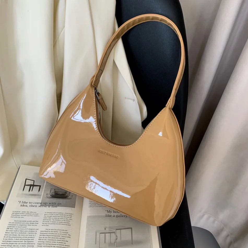 Designer Patent Leather Crescent Bag | Soft Solid Color Shoulder Tote Luxegan