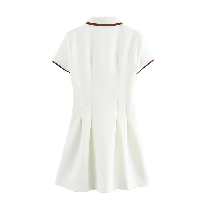 Women's Preppy Style Pleated Mini Dress | Elegant Turn-Down Collar Buttoned Gown | Short Sleeve Spring Summer Uniform Dress | Premium Tatting Slight Stretch Regular Fit Sheath Vestido Luxegan
