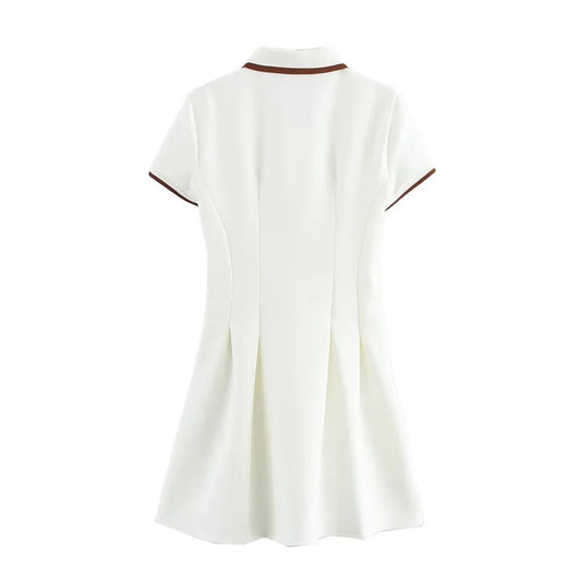 Women's Preppy Style Pleated Mini Dress | Elegant Turn-Down Collar Buttoned Gown | Short Sleeve Spring Summer Uniform Dress | Premium Tatting Slight Stretch Regular Fit Sheath Vestido Luxegan