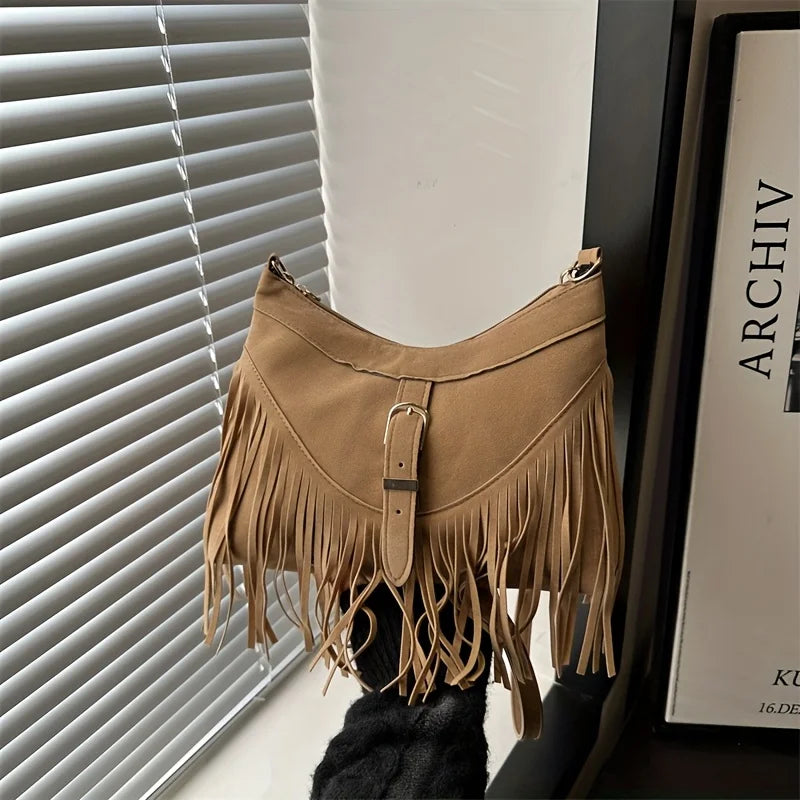 Women’s Vintage Faux Suede Messenger Bag | Western-Style Tassel Crossbody with Sequined Accents | Lightweight Fashion Satchel with Adjustable Detachable Strap Luxegan